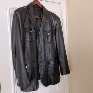 Men’s black leather jacket.